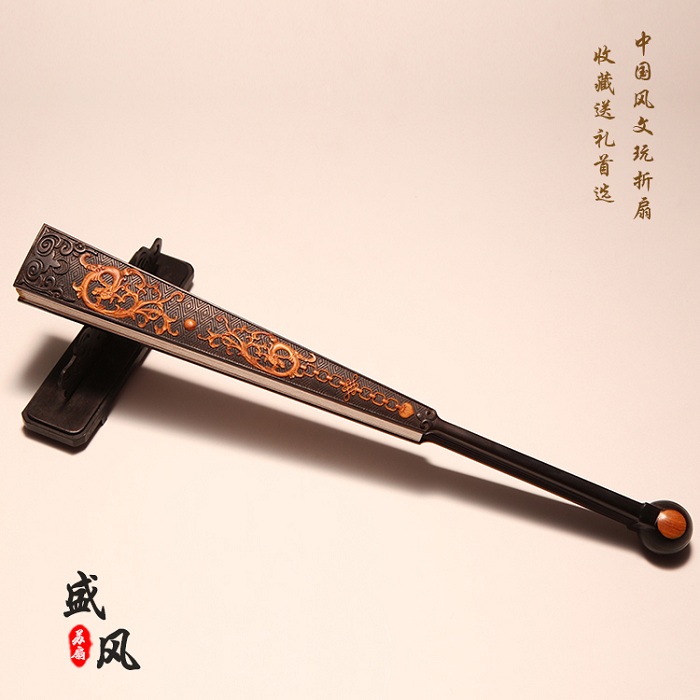 紫光檀嵌黃檀折扇二龍戲珠